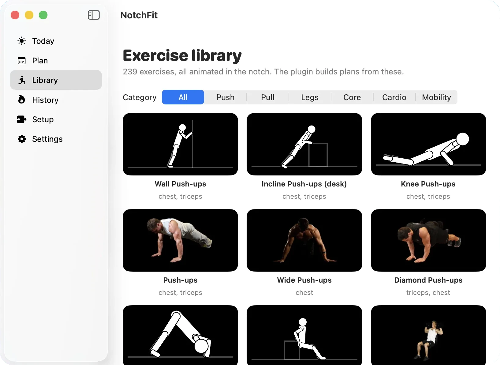 NotchFit exercise library window listing 239 exercises with category filters (Push, Pull, Legs, Core, Cardio, Mobility) and cards for wall push-ups, incline push-ups at a desk, knee push-ups, push-ups, wide push-ups and diamond push-ups