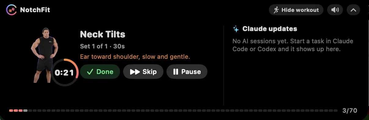 NotchFit notch panel mid-set: Neck Tilts, set 1 of 1, 30 seconds, with a 0:21 countdown ring, Done, Skip and Pause, and the Claude updates column