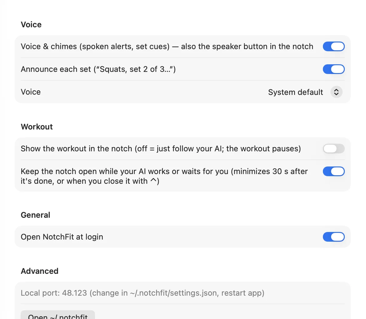 NotchFit Settings: voice and chimes, announce each set, voice picker, show the workout in the notch, keep the notch open while your AI works, open NotchFit at login