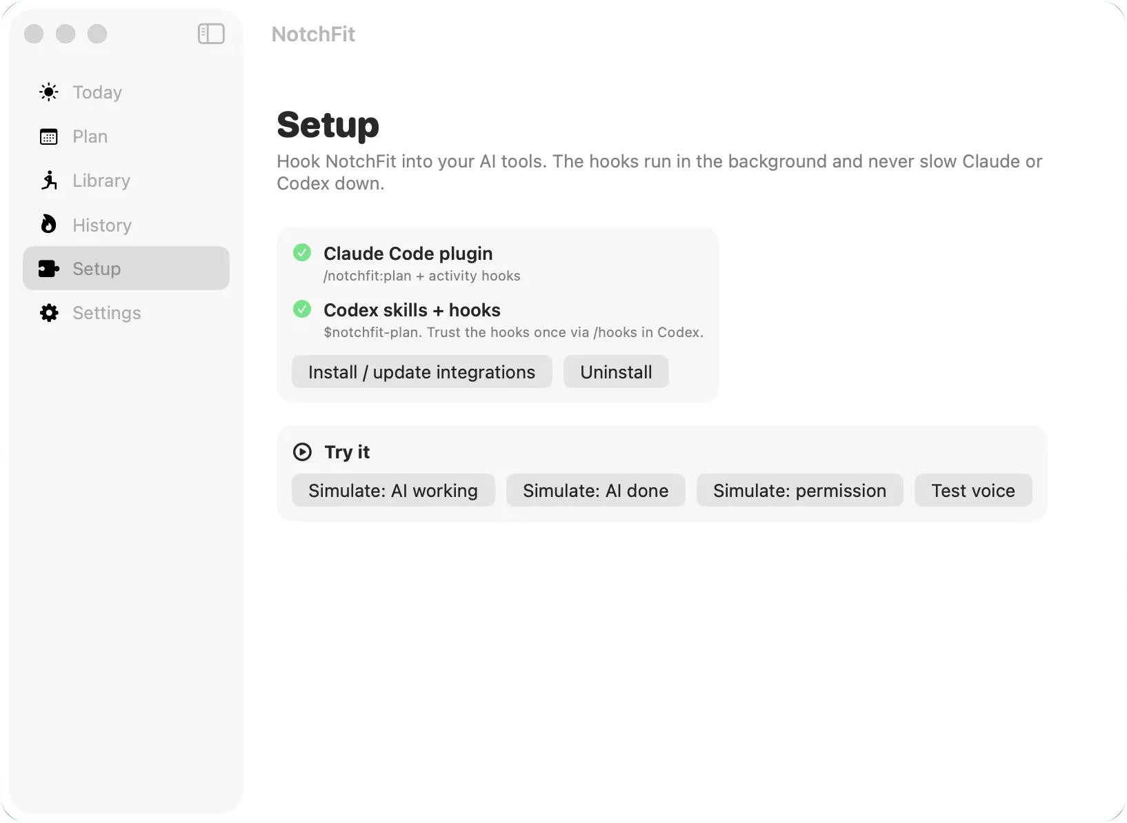 NotchFit Setup tab with Claude Code plugin and Codex skills + hooks installed, the Install / update integrations and Uninstall buttons, and Try it buttons to simulate AI working, AI done and permission
